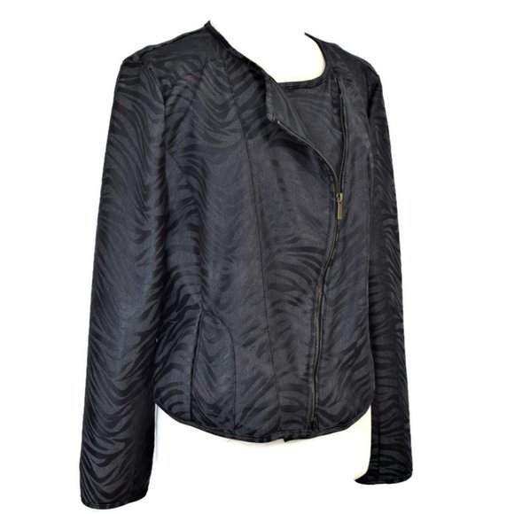 Kenneth Cole Blk Zebra Moto Stretch Denim Jacket L - Picture 2 of 13